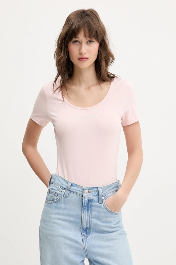 Majica kratkih rukava Guess Jeans natpis roza W5GP25.J1314