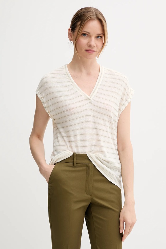 Majica kratkih rukava s dodatkom lana United Colors of Benetton pruge bež 38O0D10A8