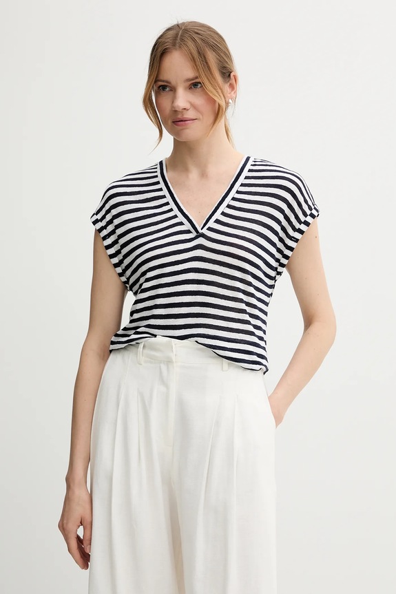 Μπλουζάκι με λινό μείγμα United Colors of Benetton μυτερό άκρο σκούρο μπλε 38O0D10A8