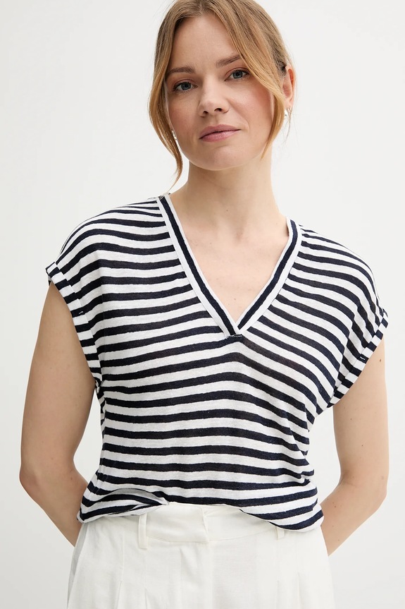 Μπλουζάκι με λινό μείγμα United Colors of Benetton σκούρο μπλε 38O0D10A8