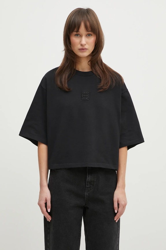 Anine Bing cotton t-shirt Myers Cropped Tee Framed Monogram relaxed black A.08.10920