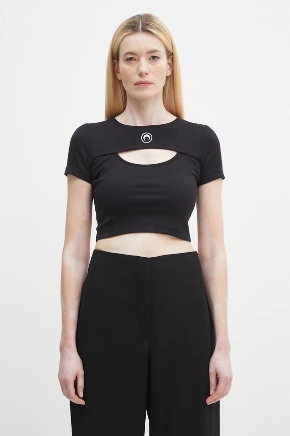 Marine Serre t-shirt Moon Logo Ribbed Jersey Cut-Out applique black WTT023A.CJER0011