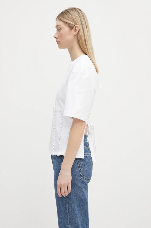 GANNI t-shirt bawełniany Heavy Cotton Tie Back Waisted T4149 biały SS25