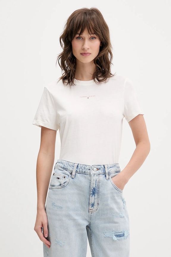 Tričko Tommy Jeans jednofarebný béžová DW0DW21964