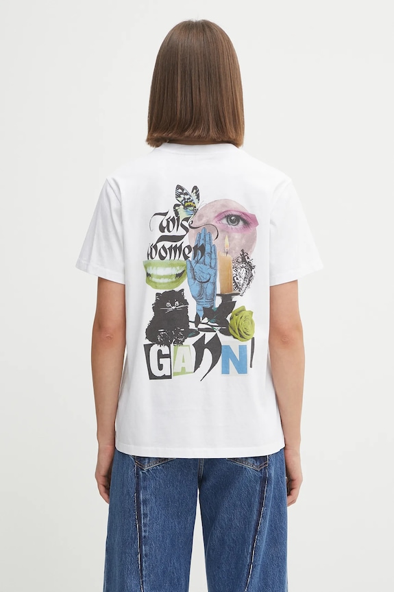 GANNI t-shirt bawełniany Basic Jersey Collage Relaxed nadruk biały T4157