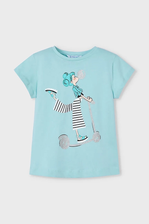 Mayoral t-shirt bawełniany dziecięcy 3014.6R.Mini.PPYA turkusowy SS25
