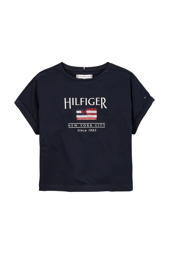 Παιδικό βαμβακερό μπλουζάκι Tommy Hilfiger KG0KG08525.128.176.PPYA σκούρο μπλε SS25