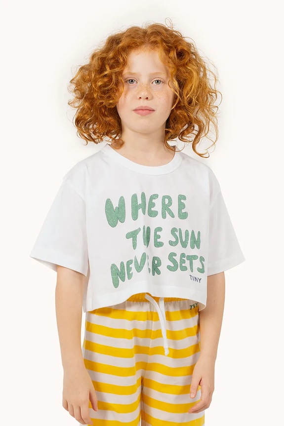 Tinycottons t-shirt bawełniany dziecięcy THE SUN GRAPHIC CROP TEE SS25.092 beżowy