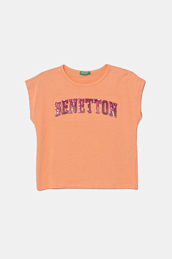 Παιδικό βαμβακερό μπλουζάκι United Colors of Benetton απλικέ πορτοκαλί 3I1XC10P1.G.Seasonal