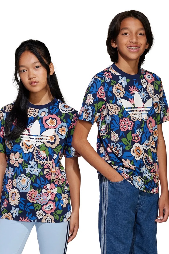 Дитяча бавовняна футболка adidas Originals візерунок темно-синій JD0527