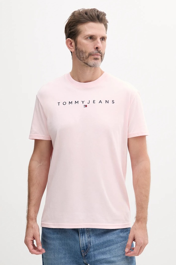 Tommy Jeans t-shirt da uomo in cotone applique rosa DM0DM20744