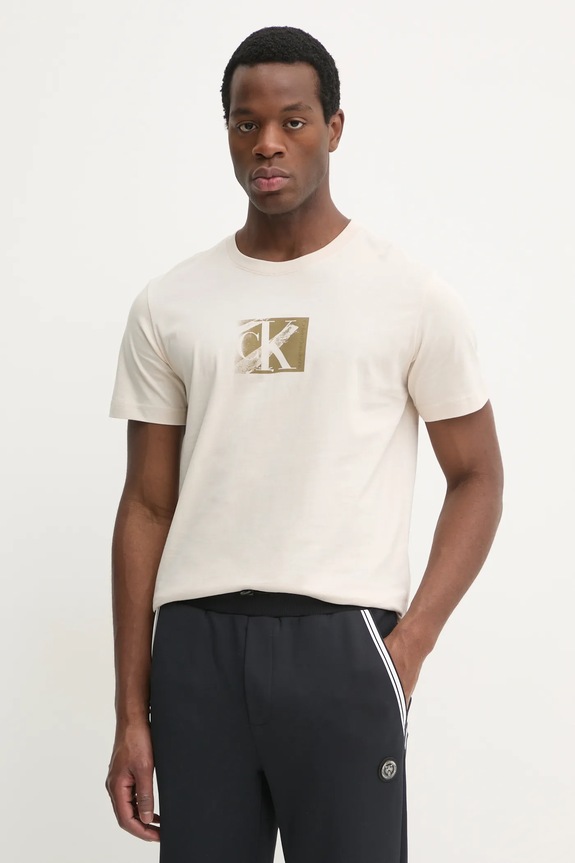 Bavlněné tričko Calvin Klein Jeans potisk béžová J30J327077