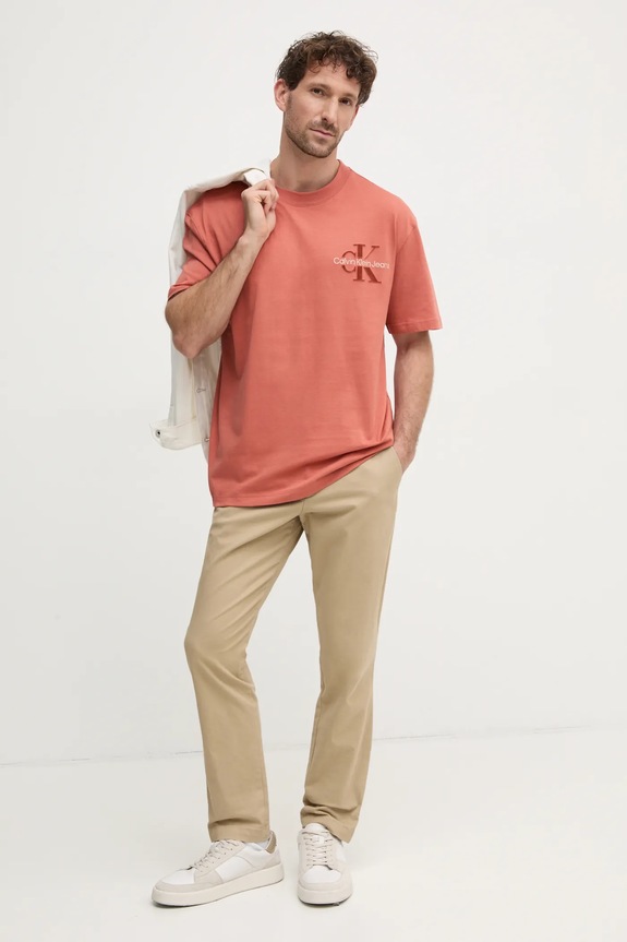 Памучна тениска Calvin Klein Jeans J30J327107 оранжев SS25