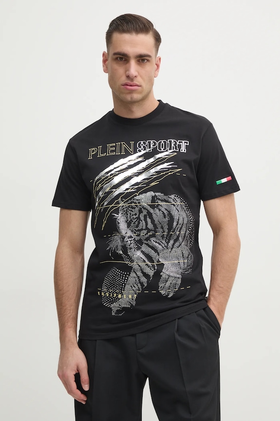 Βαμβακερό μπλουζάκι PLEIN SPORT βαμβάκι μαύρο SAEC.MTK8006.STE001N