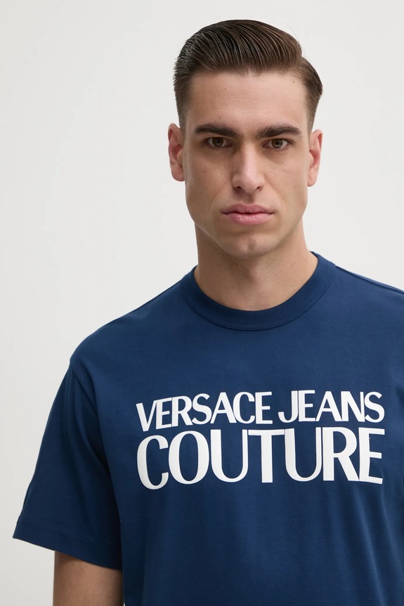 Versace Jeans Couture tricou din bumbac bleumarin 78GAHE05.CJ00E