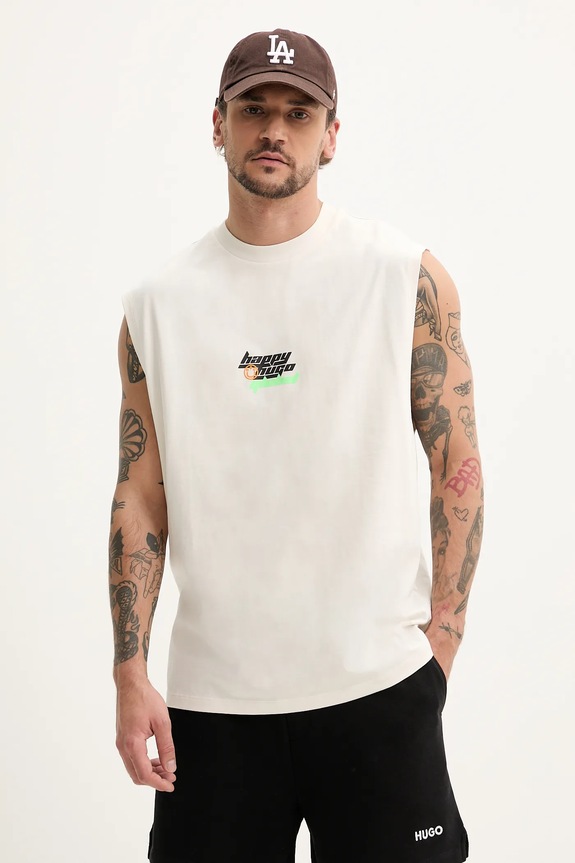 Hugo Blue t-shirt bawełniany nadruk beżowy 50536121