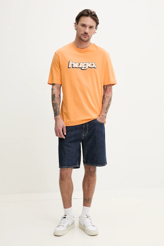 Βαμβακερό μπλουζάκι Hugo Blue 50542932 πορτοκαλί SS25