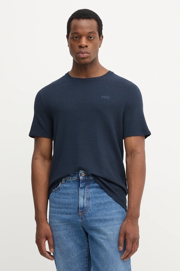 Tričko BOSS Rib T-Shirt jednofarebný tmavomodrá 50509328