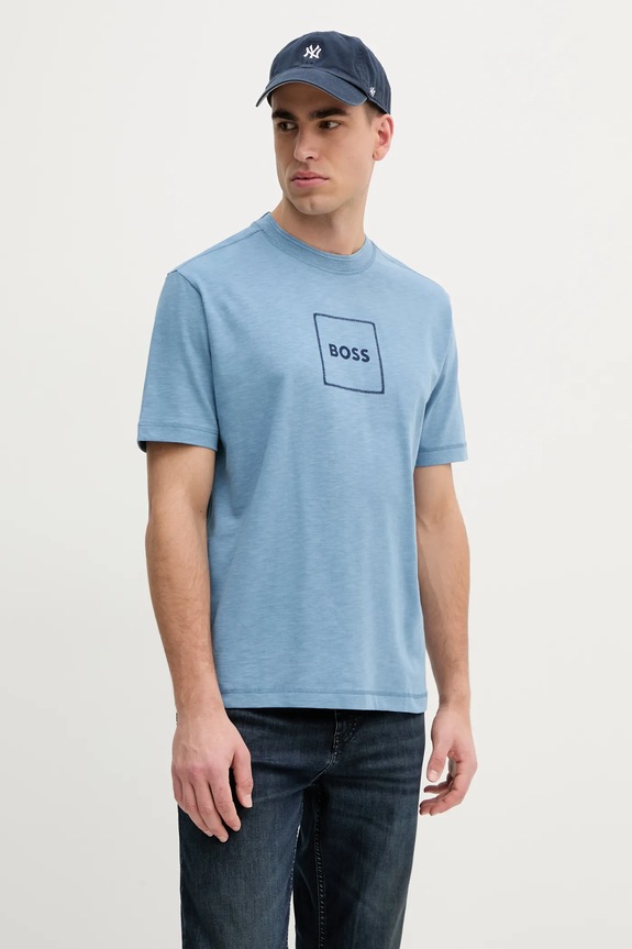 BOSS Orange tricou din amestec de in print albastru 50536729