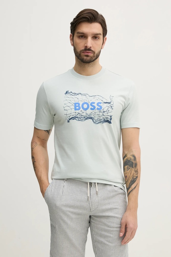 Bavlněné tričko BOSS Orange potisk tyrkysová 50539186