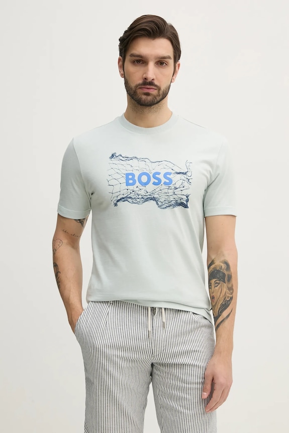 Bavlněné tričko BOSS Orange potisk tyrkysová 50539186