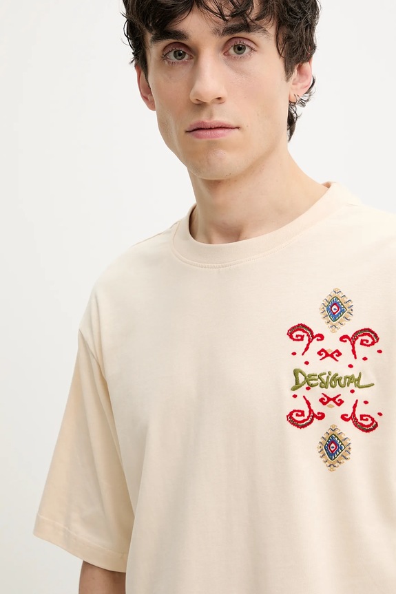 Desigual tricou din bumbac WISCONSIN bej 25SMTK10
