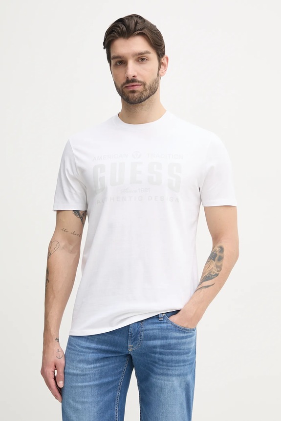 Bavlnené tričko Guess potlač biela M5GI27.KBW41