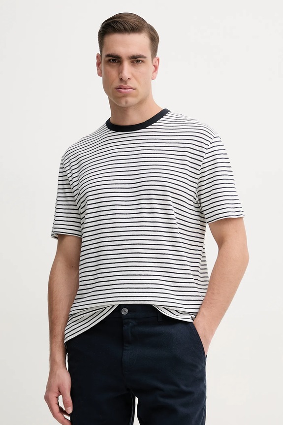 Μπλουζάκι με λινό μείγμα BOSS εμπριμέ σκούρο μπλε 50537498