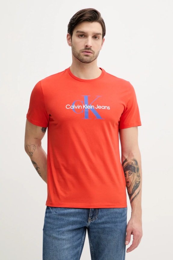 Βαμβακερό μπλουζάκι Calvin Klein Jeans βαμβάκι πορτοκαλί LV040EM286