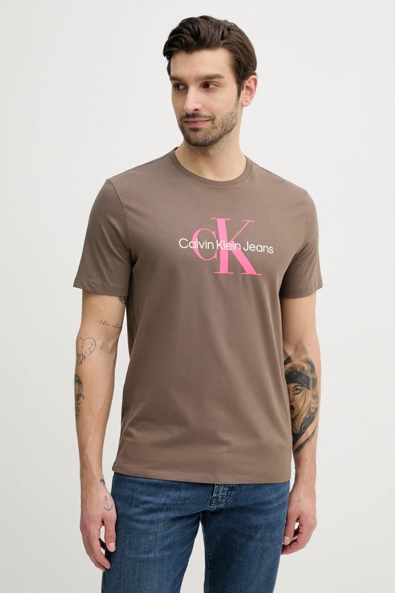 Pamučna majica Calvin Klein Jeans smeđa LV040EM286