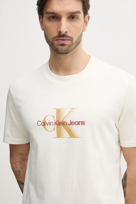Bavlněné tričko Calvin Klein Jeans potisk béžová J30J327471