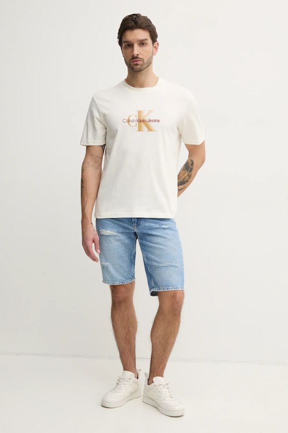 Bavlněné tričko Calvin Klein Jeans J30J327471 béžová SS25