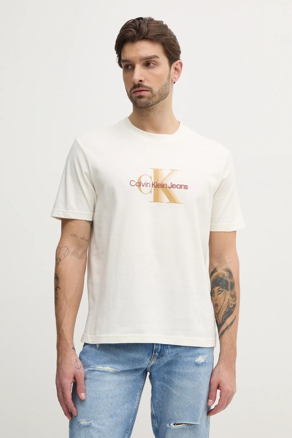 Bavlněné tričko Calvin Klein Jeans béžová J30J327471
