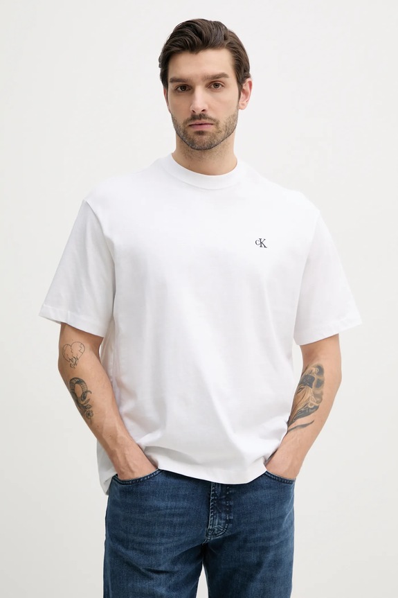 Bavlněné tričko Calvin Klein Jeans kulatý bílá LV040HM229