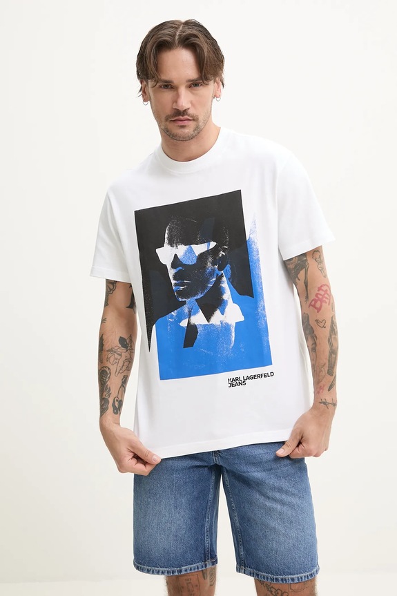 Βαμβακερό μπλουζάκι Karl Lagerfeld Jeans στάμπα λευκό A2M17036