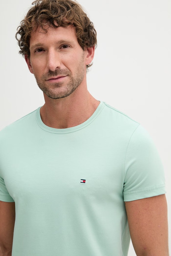 Tommy Hilfiger basic tričko pánske bavlnené s elastanom tyrkysová MW0MW10800.