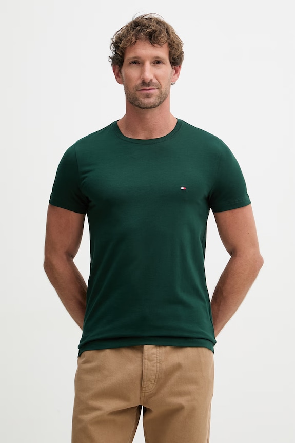 Tommy Hilfiger basic tričko pánske bavlnené s elastanom zelená MW0MW10800.