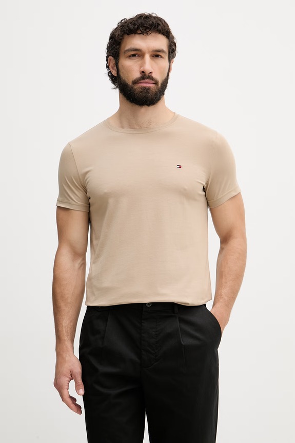 Tommy Hilfiger basic tričko pánske bavlnené s elastanom béžová MW0MW10800.