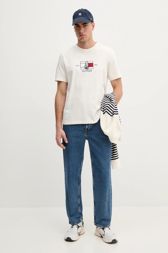 Βαμβακερό μπλουζάκι Tommy Hilfiger MW0MW38628 μπεζ SS25