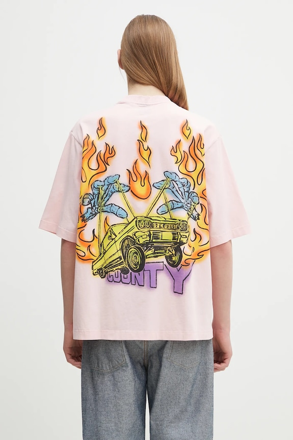 Памучна тениска Marcelo Burlon County Flame Boxy T-Shirt Pink Red свободна розов CMAA05AS25JER0073025