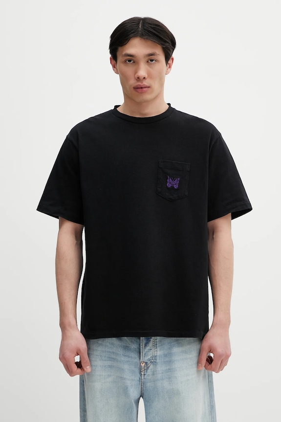 Needles cotton t-shirt S/S Papillon Emb. Pocket relaxed black QV357