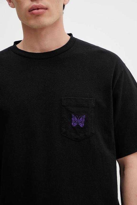 Needles cotton t-shirt S/S Papillon Emb. Pocket black QV357