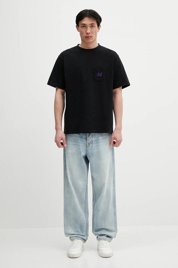 Needles cotton t-shirt S/S Papillon Emb. Pocket QV357 black