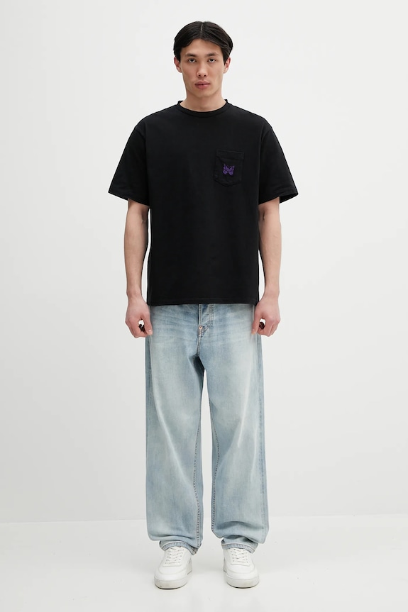 Needles cotton t-shirt S/S Papillon Emb. Pocket QV357 black