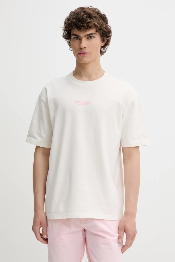 Βαμβακερό μπλουζάκι Hollister Co. απλικέ μπεζ KI323.5007.101