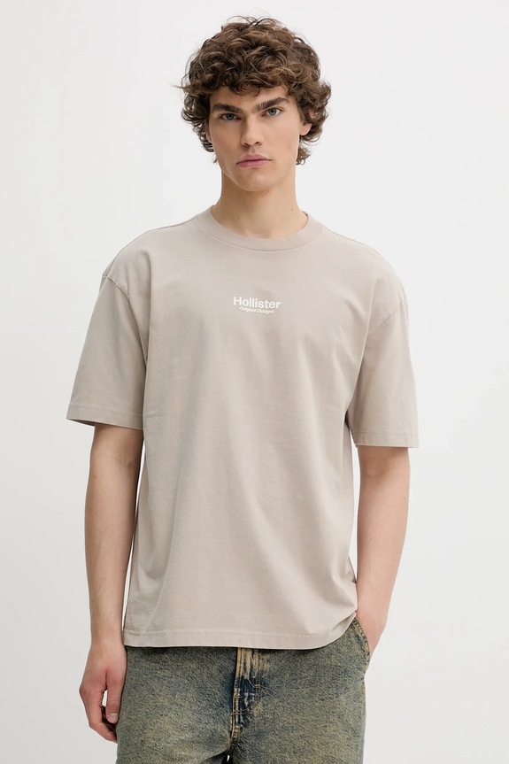 Βαμβακερό μπλουζάκι Hollister Co. απλικέ μπεζ KI323.5007.400