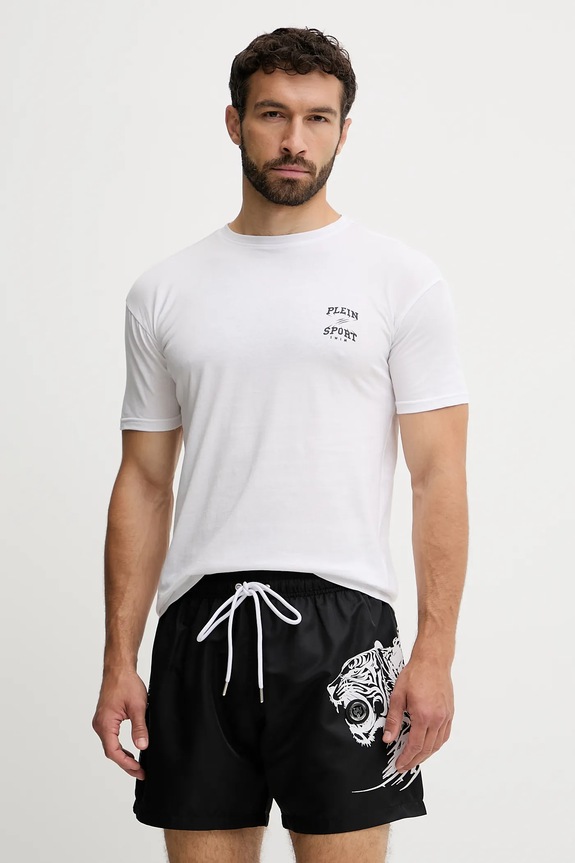 Βαμβακερό μπλουζάκι PLEIN SPORT βαμβάκι λευκό PS25MTS08