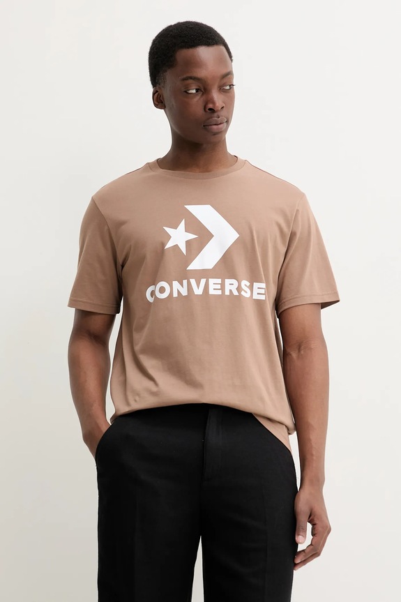 Βαμβακερό μπλουζάκι Converse 10025458.A39 καφέ SS25
