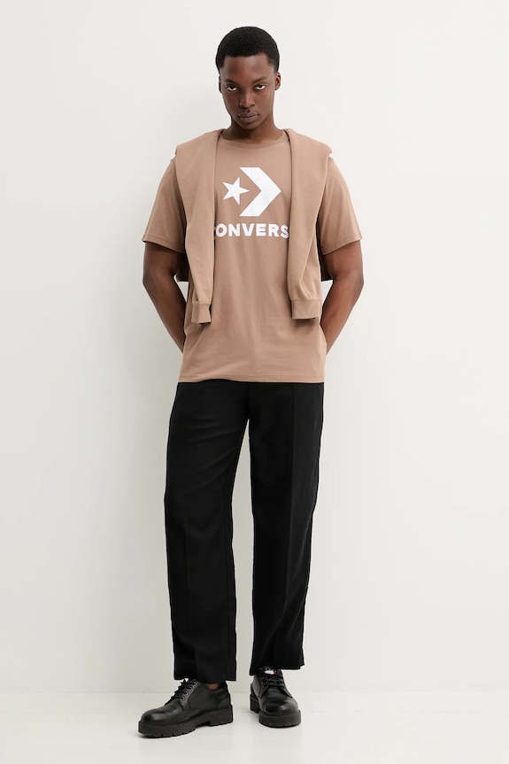 Βαμβακερό μπλουζάκι Converse καφέ 10025458.A39