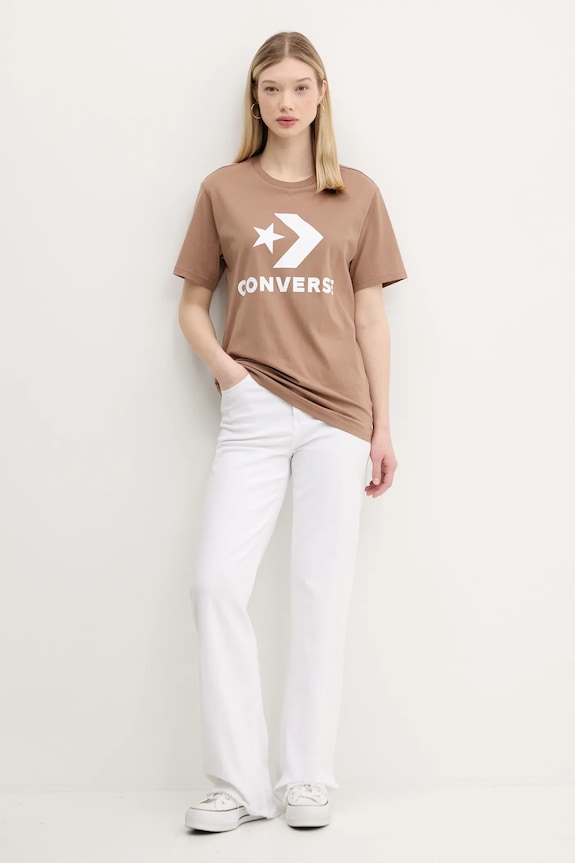 Βαμβακερό μπλουζάκι Converse 10025458.A39 καφέ